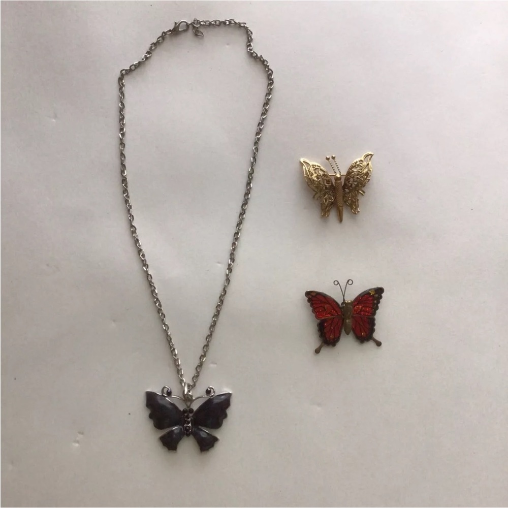 Vintage Butterfly Brooch & Necklace Gold Red Black Lot Of 3 Women’s Jewelry